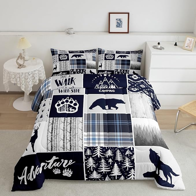 Deer Bear Kids Comforter Set Queen Size,Wolf Hunting Adventure Rustic Bedding Set for Boys Girls Adults Room Decor,Geometric Plaids Patchwork Down Comforter,Blue Xmas Duvet Insert,2 Pillowcases - LeafyLoom