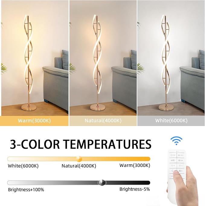 ADISUN 40W LED Floor Lamp Remote Control Dimmable Spiral Floor Lamp Indoor Tall Lamp Floor Lamp for Living Rooms Family Rooms Bedrooms Offices Lighting (Gold) - LeafyLoom