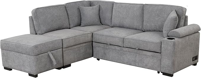 87.4" L Shape Sleeper Sectional Sofa w/Pull Out Bed & Storage Ottoman, Velvet Upholstered Couch, for Living Room, Bedroom and Small Apartment, 87.4 Inch, Gray - LeafyLoom