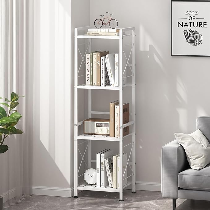 JSB 4 Tier Metal Bookshelf Bathroom Storage Standing Shelf Unit Kitchen Storage Organizer Display Rack Bookcases Shelves for Living Room, Bedroom, Office (White, 4 Tier) - LeafyLoom