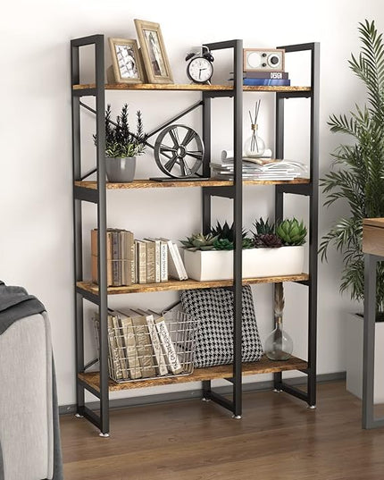 4 Tier Bookcase and Bookshelf, Rustic Industrial Bookshelf, Large Etagere Bookshelf Open Display Shleves with Metal Frame for Living Room Bedroom Home Office, Rustic Brown - LeafyLoom