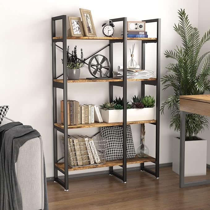 4 Tier Bookcase and Bookshelf, Rustic Industrial Bookshelf, Large Etagere Bookshelf Open Display Shleves with Metal Frame for Living Room Bedroom Home Office, Rustic Brown - LeafyLoom