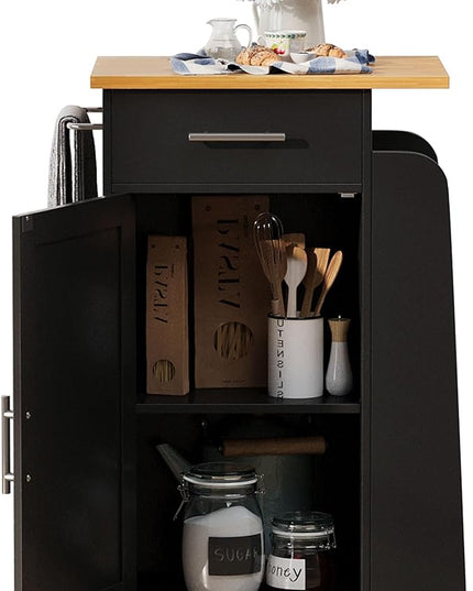 Shintenchi Small Kitchen Island on Wheels with 3-Tier Side Spice Rack and Rubber Wood Top, Trolley Cart with Storage Cabinet & Drawer and Handle/Towel Rack, Black - LeafyLoom