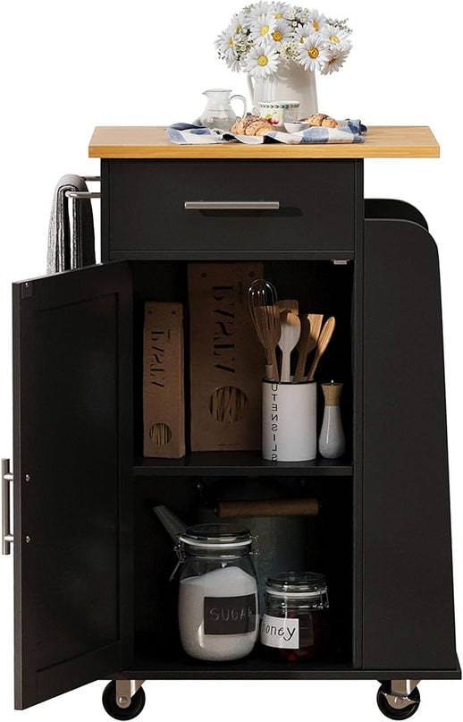Shintenchi Small Kitchen Island on Wheels with 3-Tier Side Spice Rack and Rubber Wood Top, Trolley Cart with Storage Cabinet & Drawer and Handle/Towel Rack, Black - LeafyLoom