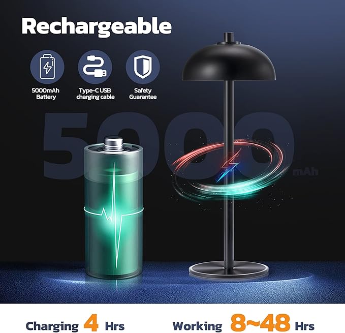 Rechargeable Cordless Table Lamp 2 Pack - 5000mAh Battery Powered Lamp, 3 Color Stepless Dimming LED Table Light with Memory Function for Indoor, Outdoor, Dinner, Home, Restaurant.(Black) - LeafyLoom