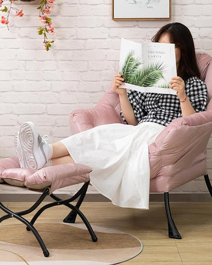 HollyHOME Fabric Lazy Chair with Foldable Ottoman, Accent Comfy Lounge Arm Chair and Folding Footrest Stool Set, Leisure Sofa Reading Chair and Footstool for Living Room, Bedroom, Dorm, Laser Pink - LeafyLoom