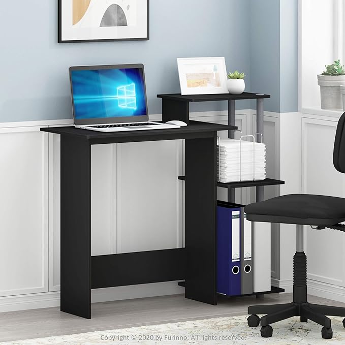 Furinno Efficient Home Laptop Notebook Computer Desk with Square Shelves, Solid Black/Grey - LeafyLoom