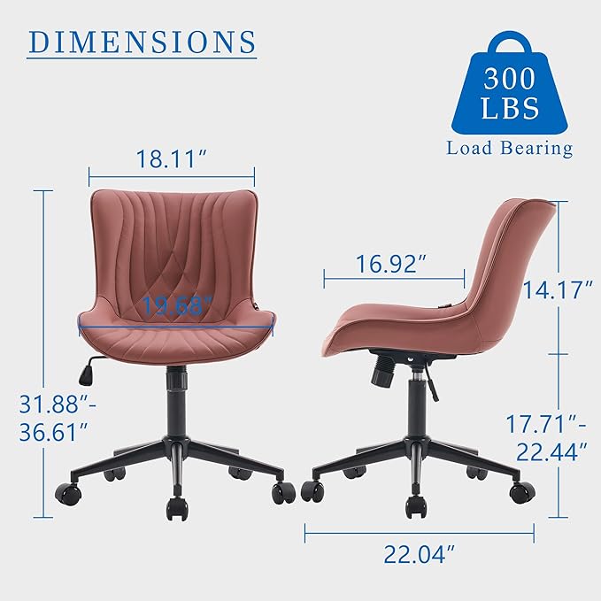 YOUNIKE Office Chair, Armless Desk Chair with Wheels, Home Office Computer Task Chairs, Modern Faux Leather Upholstered Vanity Chair, Adjustable Swivel Rocking Chair with Back, Dusty Rose - LeafyLoom