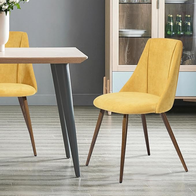 FurnitureR Dining Chairs Set of 2 Modern Fabric Upholstered Side Chairs Accent Chair Lving Room Chair with Soft Seat/Metal Legs for Home Kitchen Restaurant, Yellow - LeafyLoom