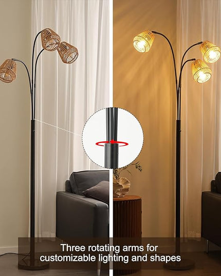 Boho Floor Lamp for Living Room, 72 Inch Tall Rattan Floor Lamp with Rotary Switch, 3-Lights Arched Floor Lamp with Rattan Shade for Coastal,Bohemian,Rustic ,Farmhouse Tree Standing Lamp for Bedroom - LeafyLoom