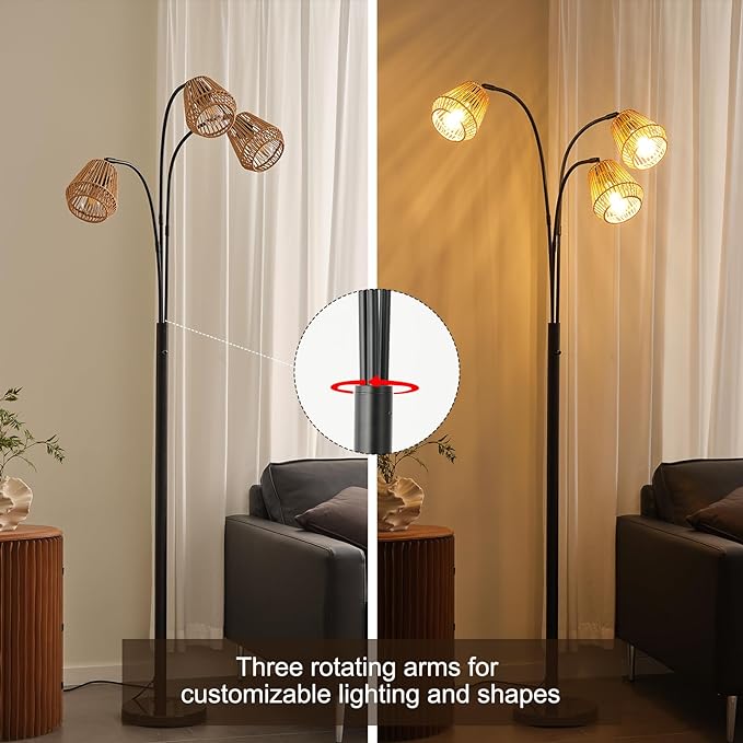 Boho Floor Lamp for Living Room, 72 Inch Tall Rattan Floor Lamp with Rotary Switch, 3-Lights Arched Floor Lamp with Rattan Shade for Coastal,Bohemian,Rustic ,Farmhouse Tree Standing Lamp for Bedroom - LeafyLoom