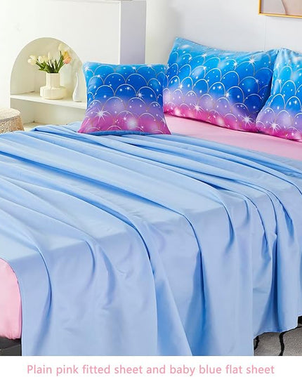 URBONUR 6Pcs Mermaid Comforter Set for Girls Full Size Bed in a Bag Pink Purple Blue Sparkle Glitter Bedding Set Soft All Season Comforter with Sheet Set - LeafyLoom
