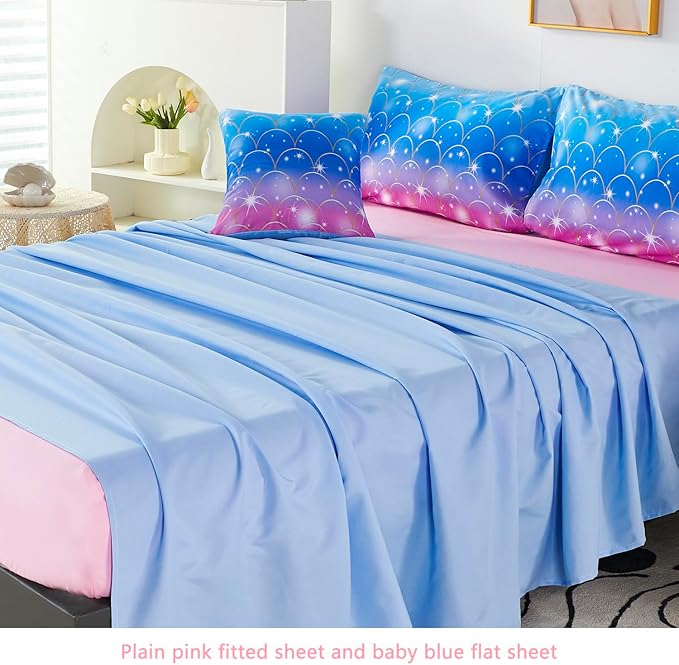 URBONUR 6Pcs Mermaid Comforter Set for Girls Full Size Bed in a Bag Pink Purple Blue Sparkle Glitter Bedding Set Soft All Season Comforter with Sheet Set - LeafyLoom