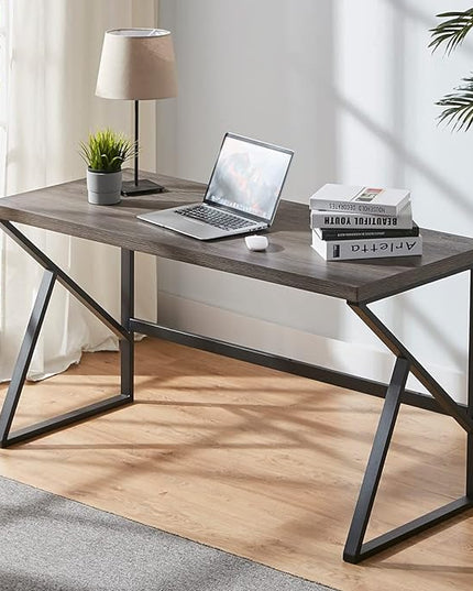 HSH Large Rustic Grey Computer Desk, Metal and Wood Home Office Desk, Industrial Vintage Soho Study Writing Table, Big Long PC Desk Workstation for Livingroom Bedroom, Dark Gray Oak, 60 Inch Wide - LeafyLoom