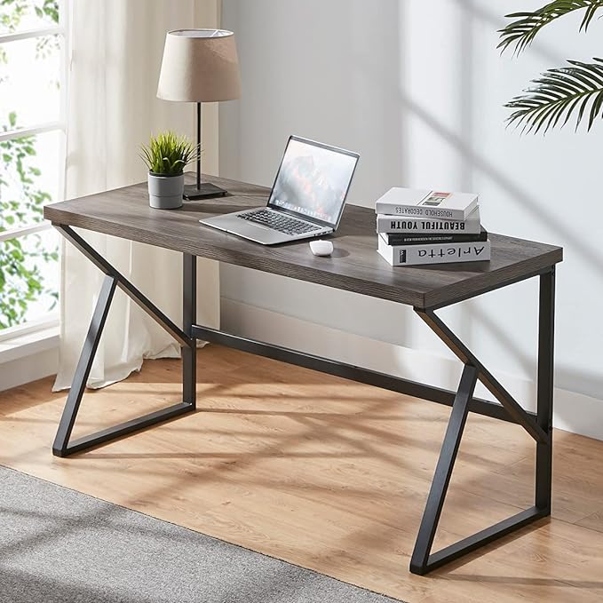 HSH Large Rustic Grey Computer Desk, Metal and Wood Home Office Desk, Industrial Vintage Soho Study Writing Table, Big Long PC Desk Workstation for Livingroom Bedroom, Dark Gray Oak, 60 Inch Wide - LeafyLoom