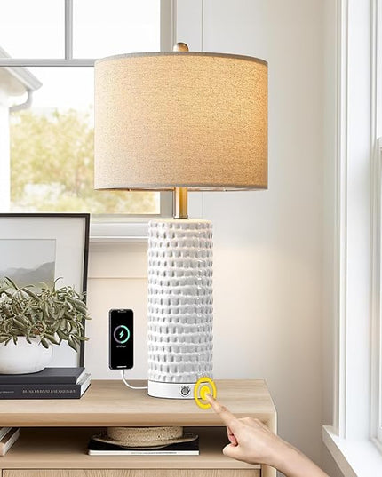 PORTRES 24" Farmhouse 3-Way Dimmable Touch Ceramic Table Lamp Set of 2 for Bedroom White Bedside Lamps with USB A+C Charging Ports for Living room Nightstand Lamp End Table lamps - LeafyLoom