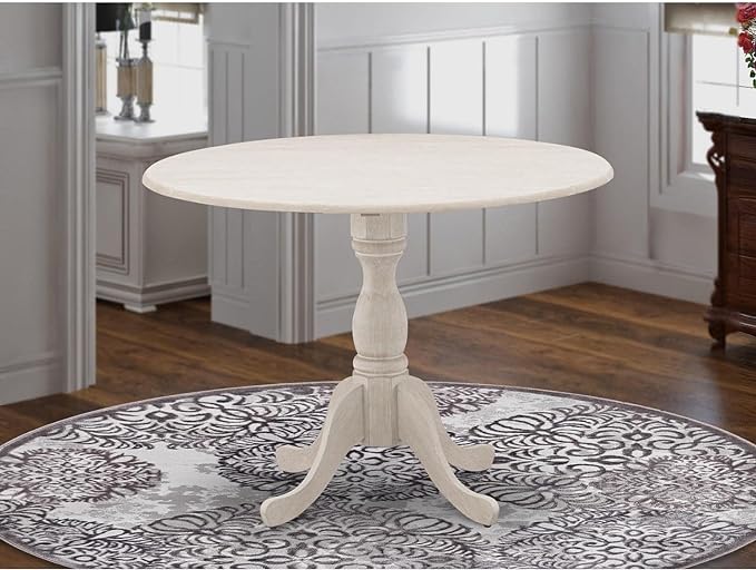East West Furniture DMT-ABC-TP Dublin Kitchen Dining Table - a Round Wooden Table Top with Dropleaf & Pedestal Base, 42x42 Inch, Wirebrushed Buttercream - LeafyLoom