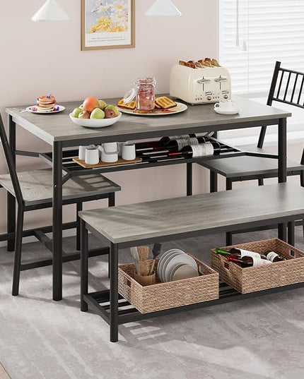 IDEALHOUSE Dining Table Set for 4, Kitchen Table and Chairs for 4 with Storage Bench, Rectangular Kitchen Table Set with Wine Rack, Dining Room Table Set for Small Space, Apartment, Retro Grey - LeafyLoom