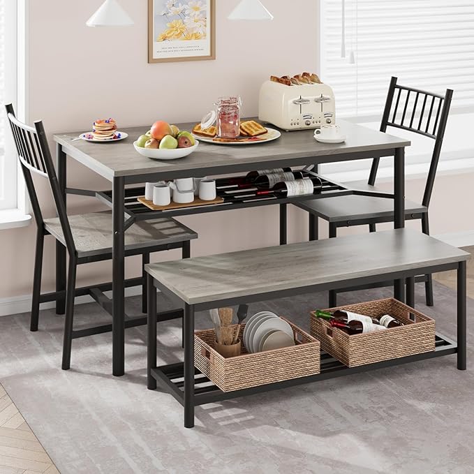 IDEALHOUSE Dining Table Set for 4, Kitchen Table and Chairs for 4 with Storage Bench, Rectangular Kitchen Table Set with Wine Rack, Dining Room Table Set for Small Space, Apartment, Retro Grey - LeafyLoom