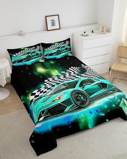Teal Race Car Comforter Set Full Size, Black White Lattice Bedding Set 2pcs for Kids Boys Teens Room Decor,Extreme Sport Games Quilt Set,Cool Modern Duvet Insert with 2 Pillowcases - LeafyLoom