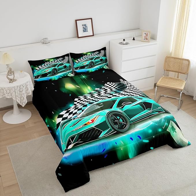 Teal Race Car Comforter Set Queen Size, Black White Lattice Bedding Set 2pcs for Kids Boys Teens Room Decor,Extreme Sport Games Quilt Set,Cool Modern Duvet Insert with 2 Pillowcases - LeafyLoom