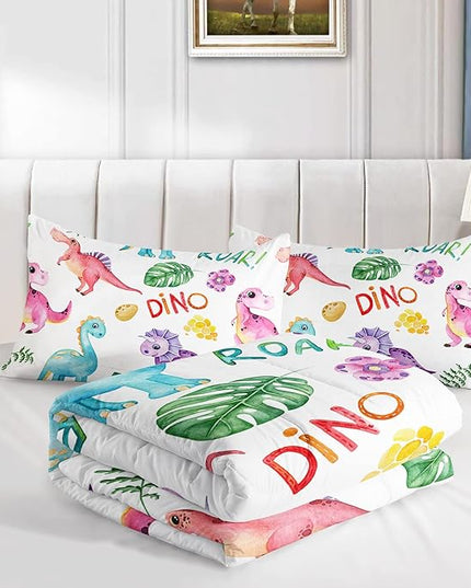 Cartoon Dinosaur Comforter Set Twin 3Pc Kawaii Dinosaur Bedding Set All Season with Tree, Leaf Decoration includes 1 Comforter, 2 Pillowcases for Kids Girls Teens - LeafyLoom
