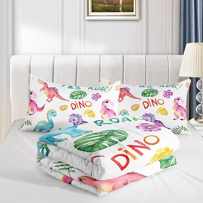 Cartoon Dinosaur Comforter Set Twin 3Pc Kawaii Dinosaur Bedding Set All Season with Tree, Leaf Decoration includes 1 Comforter, 2 Pillowcases for Kids Girls Teens - LeafyLoom