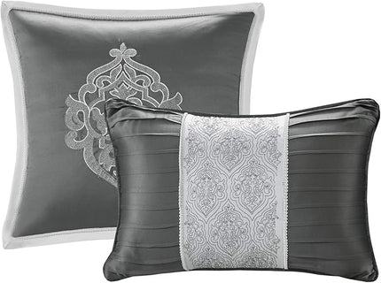 Madison Park Odette Cozy Comforter Set Jacquard Damask Medallion Design - Modern All Season, Down Alternative Bedding, Shams, Decorative Pillows, Cal King(104 in x 92 in), Silver 8 Piece - LeafyLoom