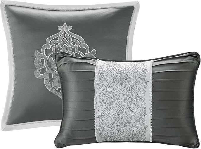 Madison Park Odette Cozy Comforter Set Jacquard Damask Medallion Design - Modern All Season, Down Alternative Bedding, Shams, Decorative Pillows, Cal King(104 in x 92 in), Silver 8 Piece - LeafyLoom