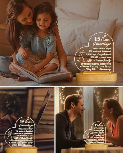 FULLOSUN Anniversary Wedding Gifts for Him/Her, I Love You Night Light 3D Illusion Lamp for Couple Wife Husband Romantic Valentines Wedding Day Present(15th) - LeafyLoom