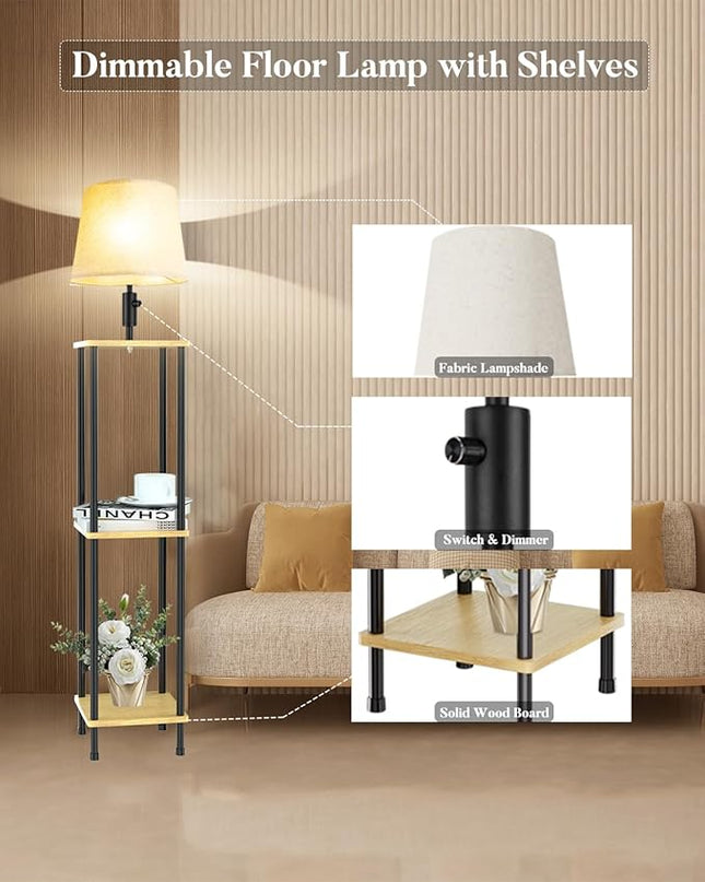 60IN Dimmable (Brightness Adjustable) Floor Lamp with Shelves, 3-Tier Corner Standing Lamp with Fabric Shade, E26 Bulb, Storage Shelf Tall Lamp for Living Room, Bedroom - LeafyLoom