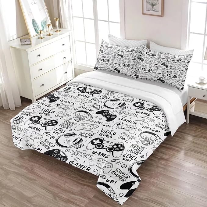Gaming Comforter for Boys Teens,Game Bedding Sets Full,Kids Gamer Comforter Set,Video Game Bedroom Decor,Gamepad Controller Duvet Insert All Season 3 Piece 1 Comforter and 2 Pillowcases - LeafyLoom