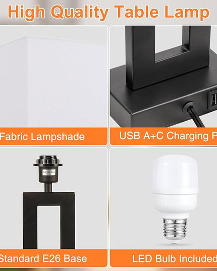 22" Tall Living Room Lamps for Night Stands - Touch Bedside Lamp with USB C+A, 3 Way Dimmable bedroom Lamps for End Tables Set of 2, Modern Night Stand Lamps for Bed Side(White&Black) - LeafyLoom