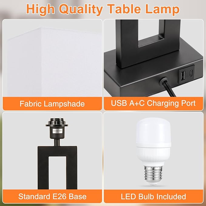 22" Tall Living Room Lamps for Night Stands - Touch Bedside Lamp with USB C+A, 3 Way Dimmable bedroom Lamps for End Tables Set of 2, Modern Night Stand Lamps for Bed Side(White&Black) - LeafyLoom
