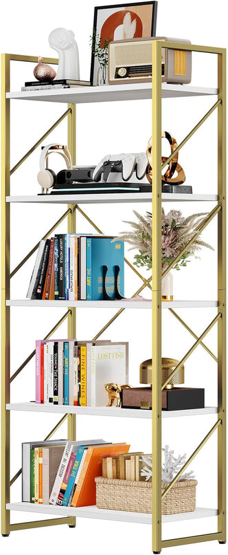 DWVO Gold Bookshelf, Modren 5 Tier Bookcase, Storage Shelves Organizer Standing Shelf, Display Rack Book Shelves for Bedroom,Living Room,Office,Kitchen, Gold - LeafyLoom