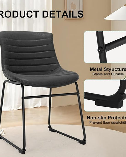 Faux Leather Dining Chairs,20 Inch PU Leather Dining Chairs Set of 2 with Backrest and Metal Leg,Mid Century Modern Chair,Black Upholstered Dining Chairs for Kitchen Living Room Outdoor Lounge - LeafyLoom