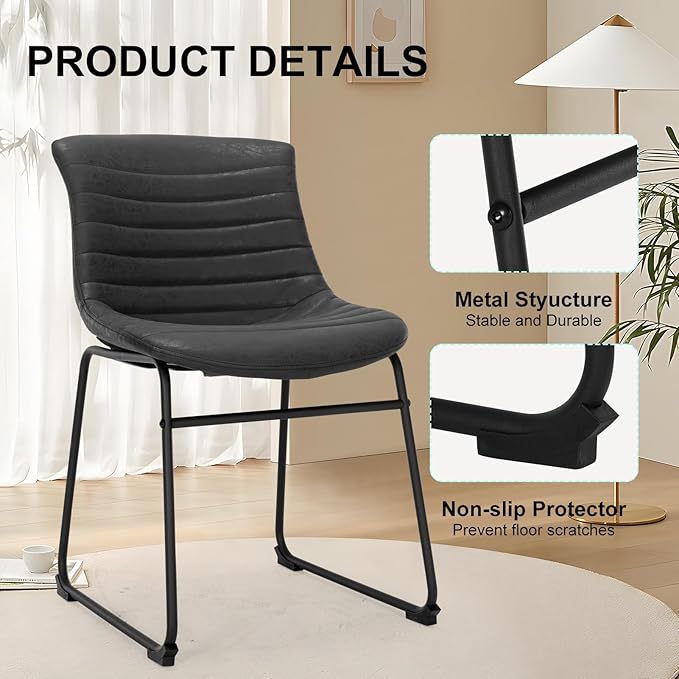 Faux Leather Dining Chairs,20 Inch PU Leather Dining Chairs Set of 2 with Backrest and Metal Leg,Mid Century Modern Chair,Black Upholstered Dining Chairs for Kitchen Living Room Outdoor Lounge - LeafyLoom
