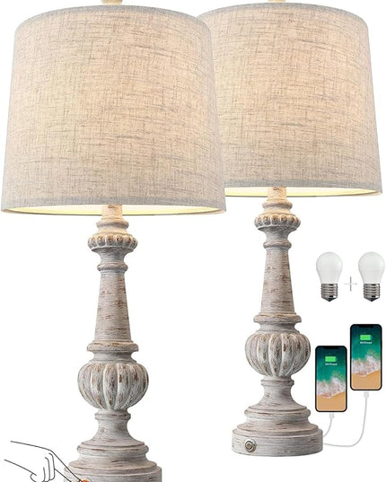 PORTRES 25.75" Traditional 3-Way Dimmable Table Lamp Set of 2 for Living Room Bedside Nightstand Lamps with USB A+C Charging Ports for Bedroom Kids Room Rustic Table Lamps (2 Bulbs Included) - LeafyLoom