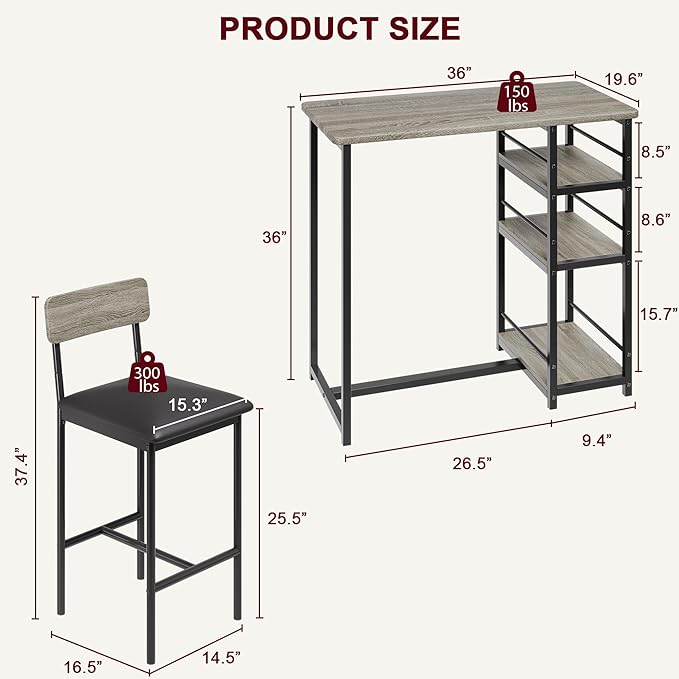 GAOMON Dining Table Set for 2, Kitchen Table and Chairs for 2 with Upholstered Chairs, 3 Piece Counter Height Bar Kitchen Table Set with 3 Storage Shelves for Small Space, Apartment, Rustic Gray - LeafyLoom