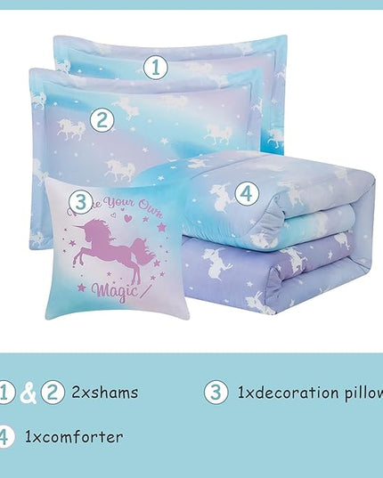 KALEIDOSPACE Kids Full Comforter Sets for Girls, Glow in The Dark Unicorn Full Size Bedding Sets -4 Pieces Lightweight Bed in A Bag - LeafyLoom