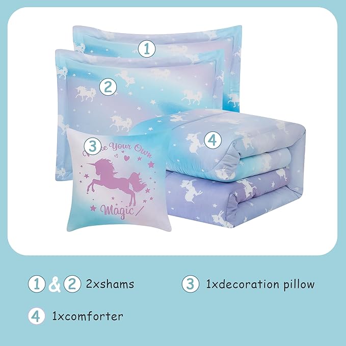 KALEIDOSPACE Kids Full Comforter Sets for Girls, Glow in The Dark Unicorn Full Size Bedding Sets -4 Pieces Lightweight Bed in A Bag - LeafyLoom