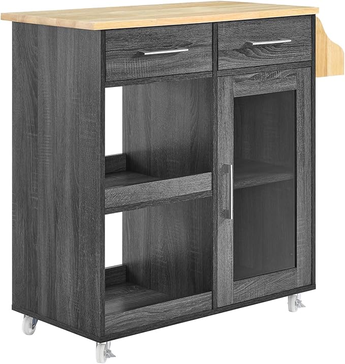 Modway Culinary Rolling Kitchen Cart with Storage in Charcoal Natural - 3 Tiers Kitchen Island on Wheels with Spice Rack, Functional as a Coffee Station, Bar Cabinet or Butcher Block Island - LeafyLoom