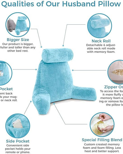 Husband Pillow XXL Carolina Blue Backrest with Arms, Adult Reading Pillow Shredded Memory Foam, Ultra-Comfy Removable Microplush Cover & Detachable Neck Roll, Unmatched Support Bed Rest Sit Up Pillow - LeafyLoom