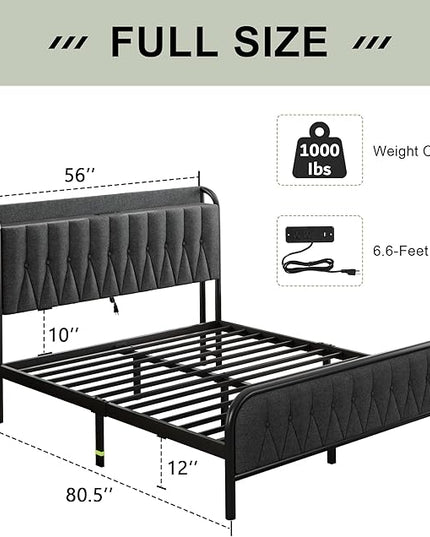 Feonase Full Bed Frame with Type-C & USB Port, Metal Platform Beds, with Linen Upholstered Headboard & Footboard, 12" Underbed Storage Space, Easy Assembly, Noise-Free, Dark Gray - LeafyLoom