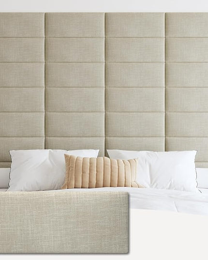 Upholstered Wall Mounted Headboard, 3D Soundproof Wall Panels Peel and Stick Headboard for Queen Size, Reusable and Removable Tufted Bed Headboard in Beige(9 Panels, 10" x 24") - LeafyLoom