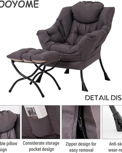 Lazy Chair with Ottoman, Modern Soft Reading Chair Accent Contemporary Lounge Leisure Sofa Chair with Armrests and a Side Pocket for Living Room, Bedroom, Dorm & Office, Dark Grey - LeafyLoom