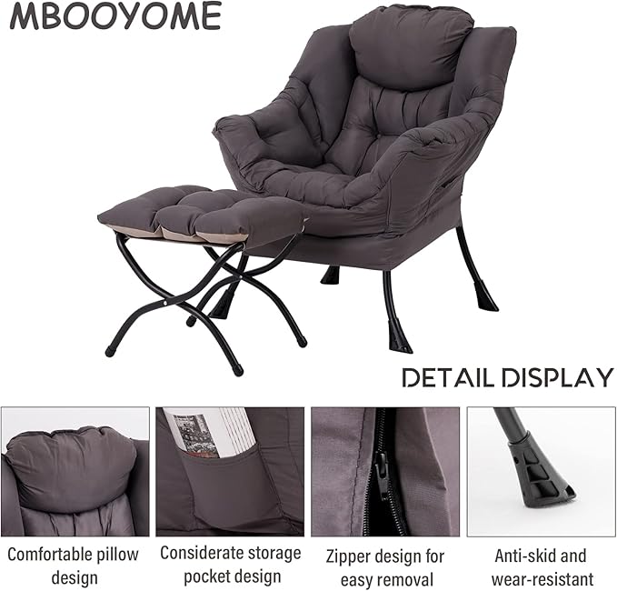 Lazy Chair with Ottoman, Modern Soft Reading Chair Accent Contemporary Lounge Leisure Sofa Chair with Armrests and a Side Pocket for Living Room, Bedroom, Dorm & Office, Dark Grey - LeafyLoom