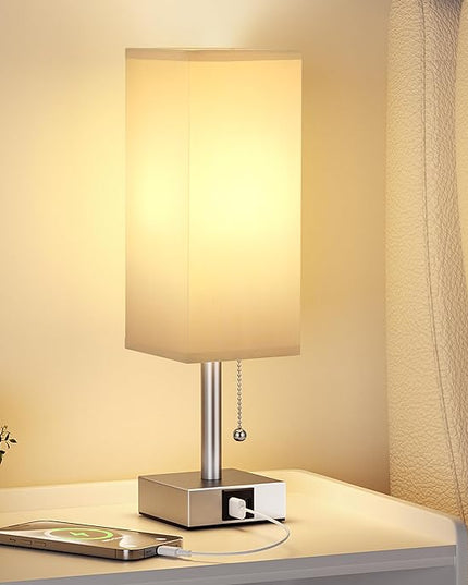Grey Small Table Lamp for Bedroom - 3 Color Temperature 3000K 5000K 4000K Bedside Lamp, Pull Chain Control, USB A and C Charging Ports, Silver Base, for Kids Office Dorm nightstand, Bulb Included - LeafyLoom