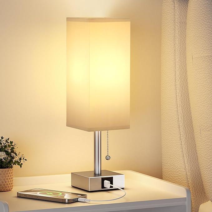 Grey Small Table Lamp for Bedroom - 3 Color Temperature 3000K 5000K 4000K Bedside Lamp, Pull Chain Control, USB A and C Charging Ports, Silver Base, for Kids Office Dorm nightstand, Bulb Included - LeafyLoom