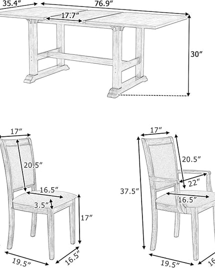 76.9 Inch Dining Table Set for 6, Extendable Dining Table Set with Removable Leaf, Kitchen Table Set with Upholstered Side Chair and Arm Chair for Dining Room, Dark Brown+Grey - LeafyLoom